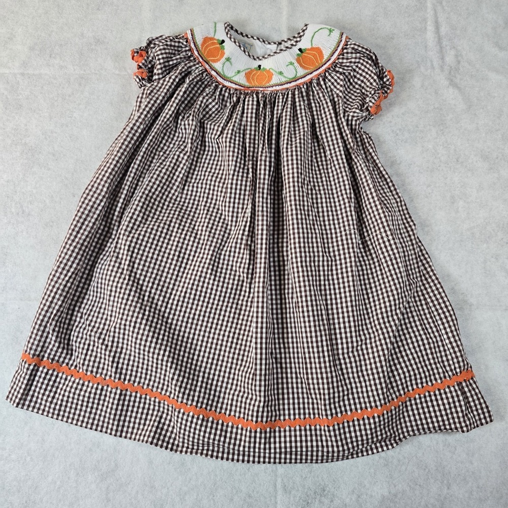 Marmellata Smocked Pumpkin Gingham Dress sz 4T Brown, White, Orange